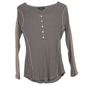 Sanctuary Tan Black Striped Thermal Henley Shirt Crochet Sleeves Womens Sz Small